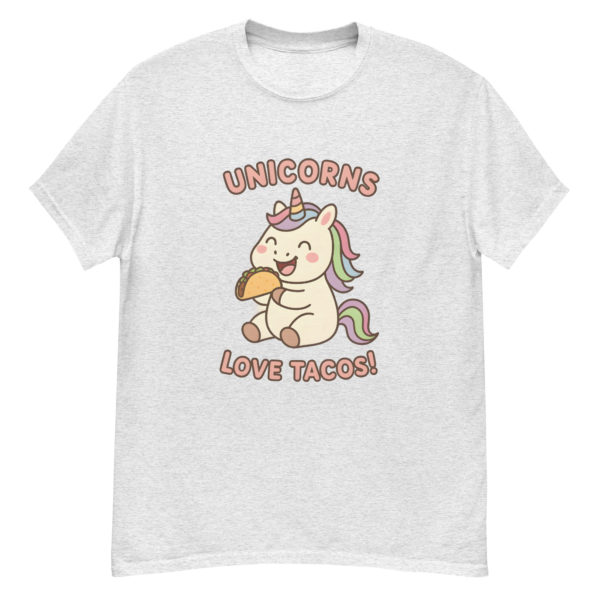 Front view Taco Unicorn ash Shirt with cute unicorn and taco illustration
