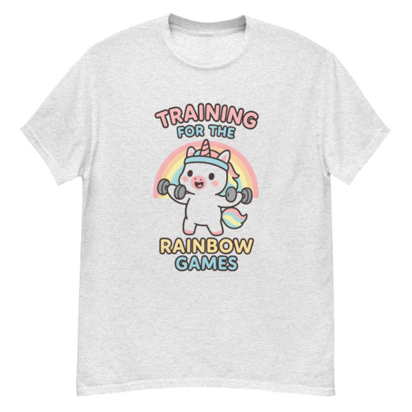 Gym Unicorn ash Shirt showing humorous kawaii unicorn workout print