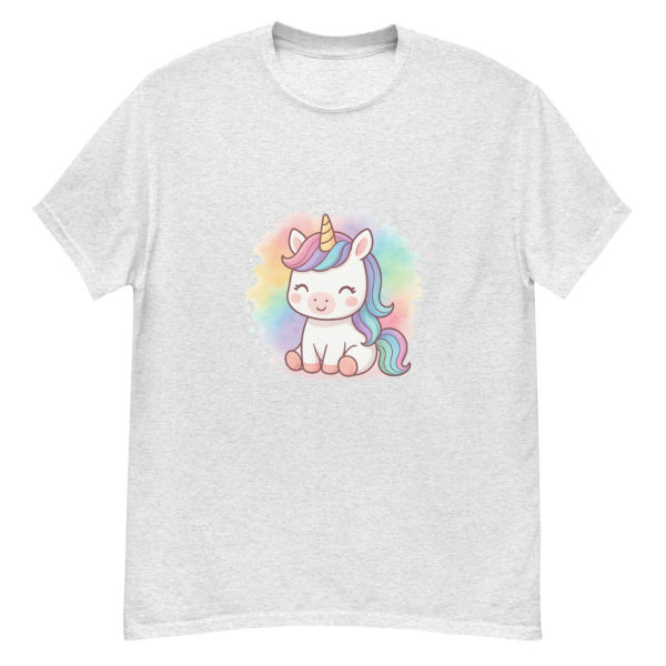 Front view Rainbow Splash Unicorn ash Tee with colorful watercolor unicorn illustration