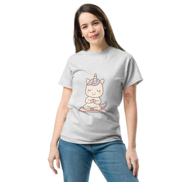Meditation Unicorn Ash T-shirt front design – Kawaii mindfulness tee