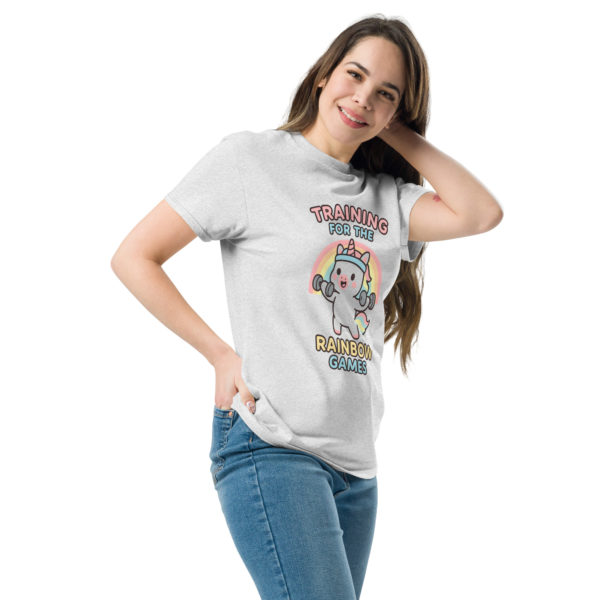 Side view of Gym Unicorn ash Shirt displaying comfortable fitness fit