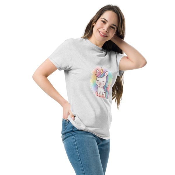 Model wearing Rainbow Splash Unicorn ash Tee styled casually with pastel colors