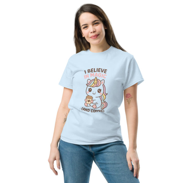 Model wearing Coffee Unicorn light pink Shirt in relaxed casual style