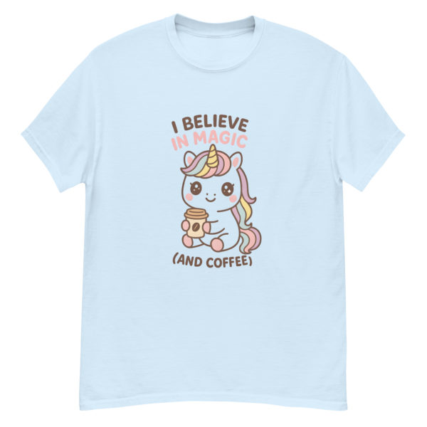 Coffee Unicorn light blue Shirt featuring charming unicorn with coffee cup print