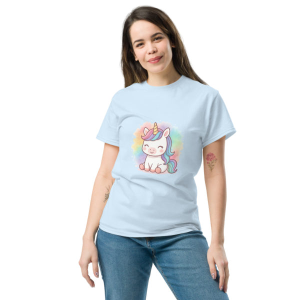 Model wearing Rainbow Splash Unicorn light blue Tee styled casually with pastel colors