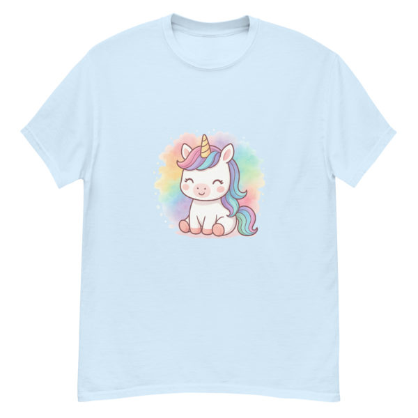 Front view Rainbow Splash Unicorn light blue Tee with colorful watercolor unicorn illustration