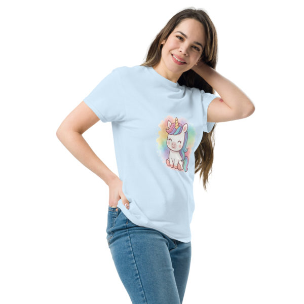 Model wearing Rainbow Splash Unicorn light blue Tee styled casually with pastel colors