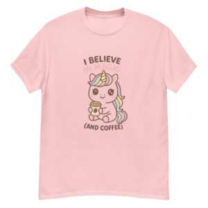 Coffee Unicorn light pink Shirt featuring charming unicorn with coffee cup print