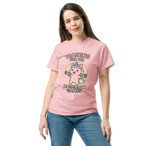 Front view of Gym Unicorn light pink Shirt displaying comfortable fitness fit