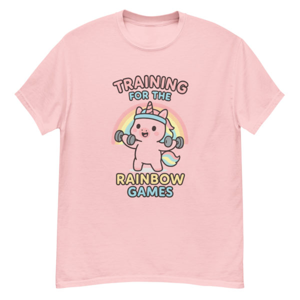 Gym Unicorn light pink Shirt showing humorous kawaii unicorn workout print