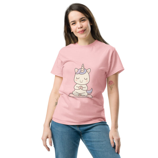 Meditation Unicorn light pink T-shirt front design – Kawaii mindfulness tee