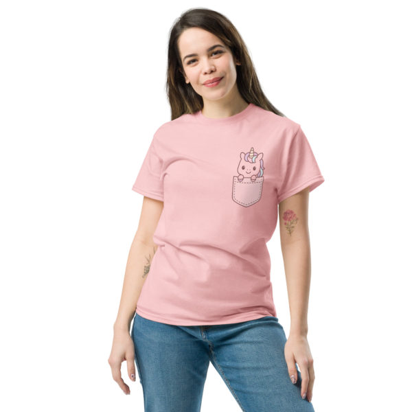 Front view of Chibi Unicorn Pocket Tee featuring minimalist kawaii unicorn pocket design