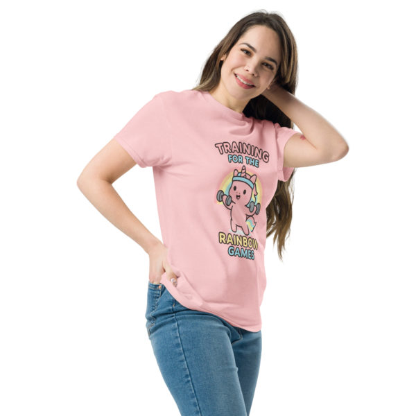 Side view of Gym Unicorn light pink Shirt displaying comfortable fitness fit