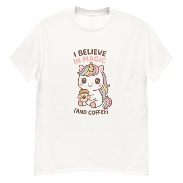 Coffee Unicorn white Shirt featuring charming unicorn with coffee cup print