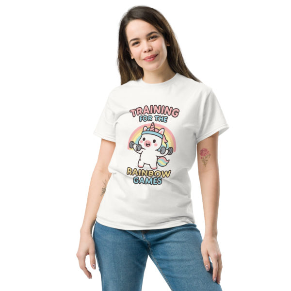 Front view of Gym Unicorn white Shirt displaying comfortable fitness fit