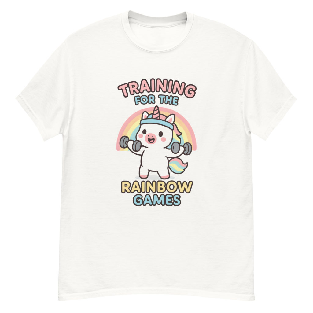 Gym Unicorn white Shirt showing humorous kawaii unicorn workout print