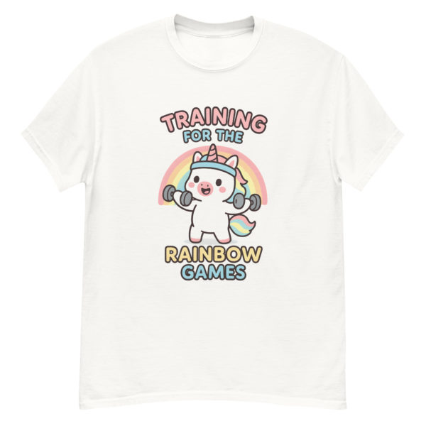 Gym Unicorn white Shirt showing humorous kawaii unicorn workout print