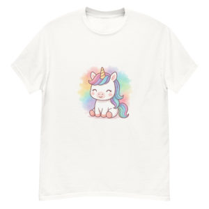 Front view Rainbow Splash Unicorn white Tee with colorful watercolor unicorn illustration