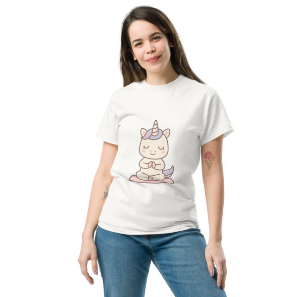 Meditation Unicorn White T-shirt front design – Kawaii mindfulness tee