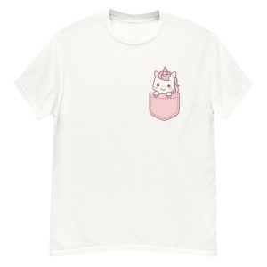 Chibi Unicorn Pocket Tee back view – Soft cotton kawaii unicorn white shirt