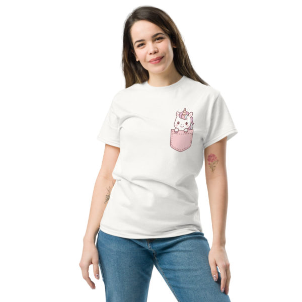 Front view of Chibi Unicorn Pocket Tee featuring minimalist kawaii unicorn pocket design