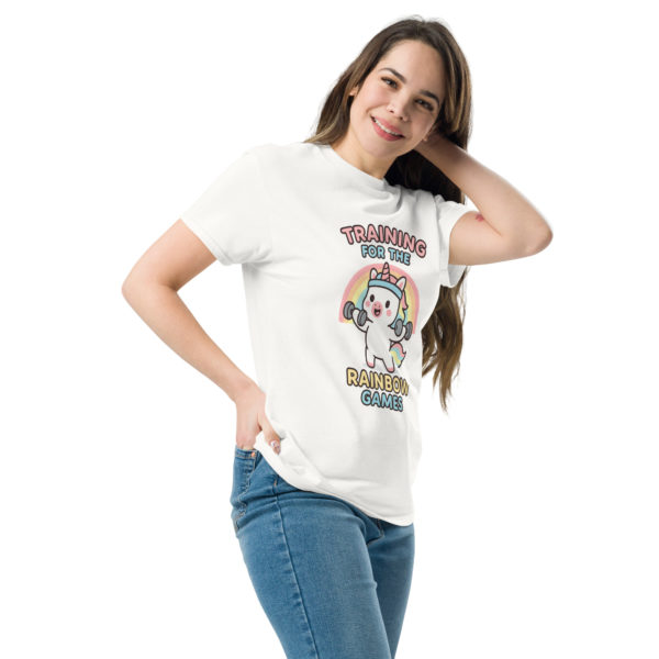 Side view of Gym Unicorn white Shirt displaying comfortable fitness fit