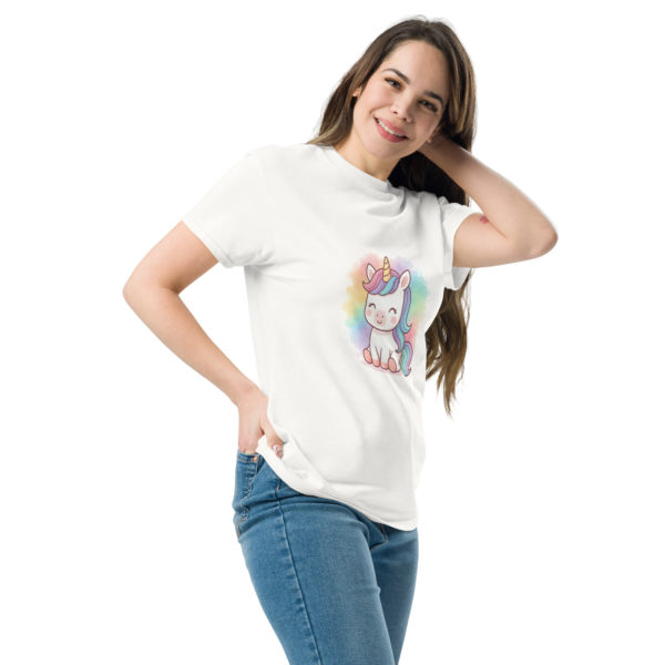 Model wearing Rainbow Splash Unicorn white Tee styled casually with pastel colors