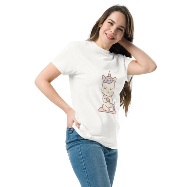 Meditation Unicorn White T-shirt side design – Kawaii mindfulness tee