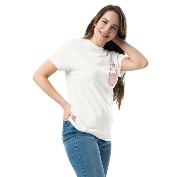 Side view of Chibi Unicorn Pocket Tee featuring minimalist kawaii unicorn pocket design