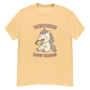 Front view Taco Unicorn yellow Shirt with cute unicorn and taco illustration