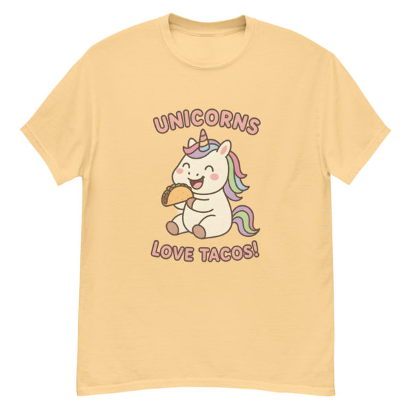 Front view Taco Unicorn yellow Shirt with cute unicorn and taco illustration