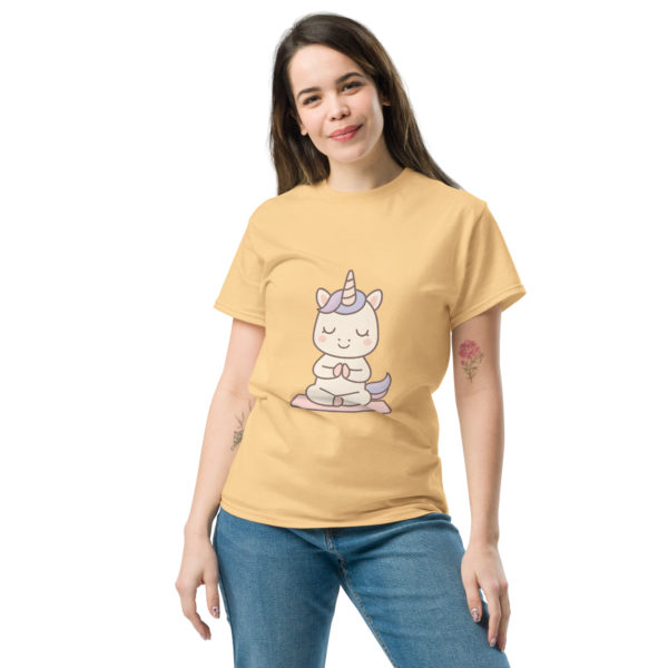 Meditation Unicorn yellow T-shirt front design – Kawaii mindfulness tee