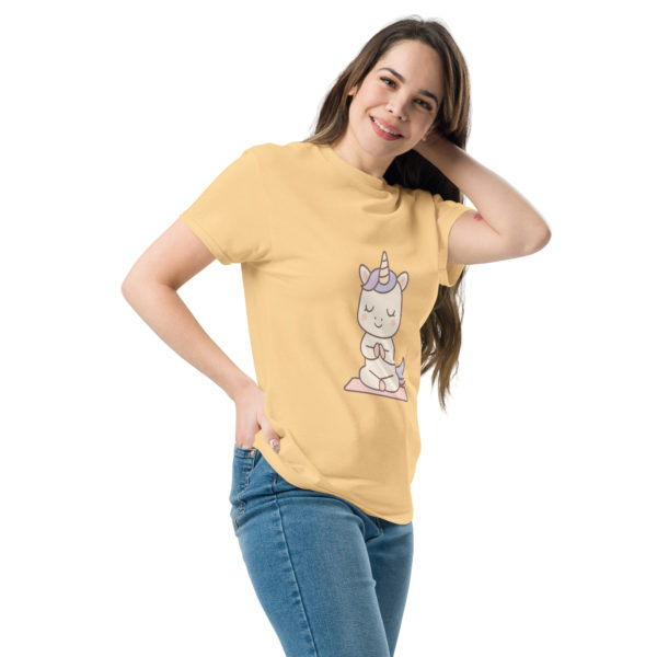 Meditation Unicorn yellow T-shirt side design – Kawaii mindfulness tee