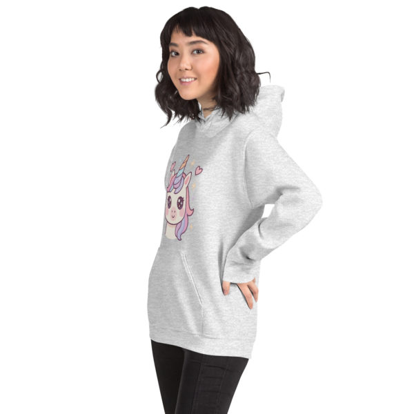 Side image of soft and cozy Kawaii Unicorn ash Hoodie in pastel colors
