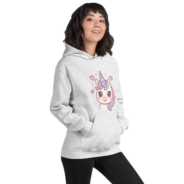 Front image of soft and cozy Kawaii Unicorn ash Hoodie in pastel colors