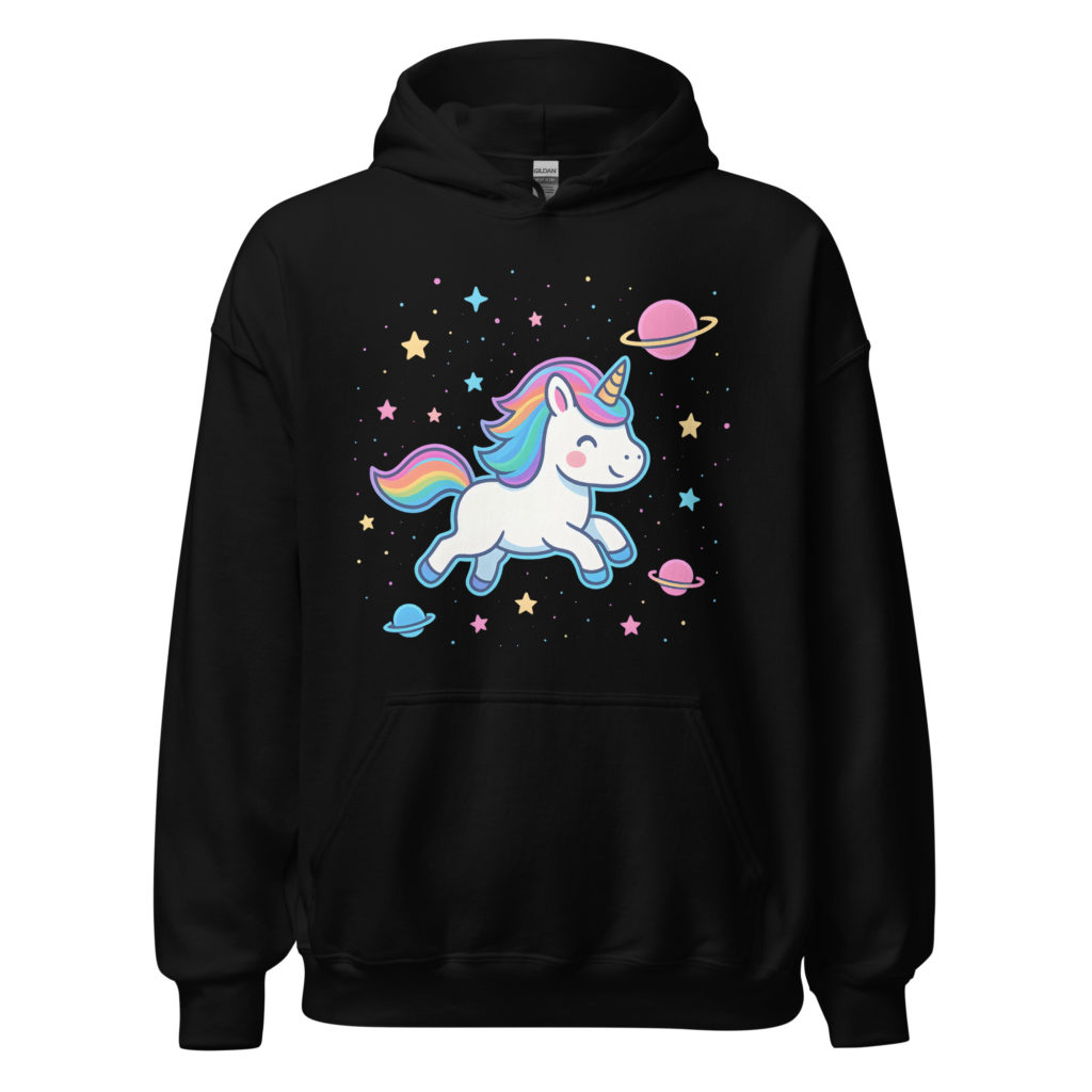 Galaxy Unicorn Black Hoodie with bright neon rainbow unicorn design