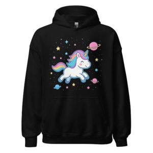 Galaxy Unicorn Black Hoodie with bright neon rainbow unicorn design