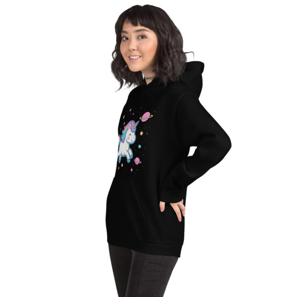 Galaxy Unicorn Black Hoodie with bright neon rainbow unicorn design