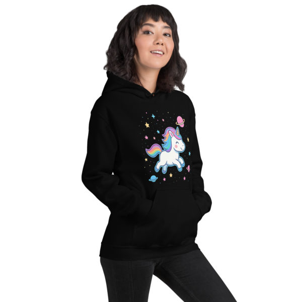 Galaxy Unicorn Black Hoodie with bright neon rainbow unicorn design
