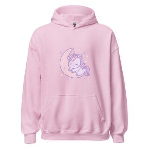 Front view of Pastel Unicorn light pink Hoodie featuring dreamy pastel unicorn print