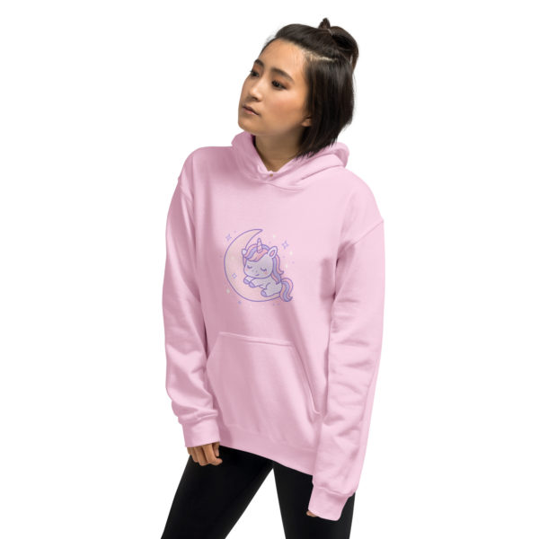 Model wearing light pink Unicorn Hoodie – Dreamy pastel unicorn design