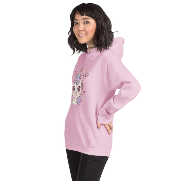 Side image of soft and cozy Kawaii Unicorn light pink Hoodie in pastel colors