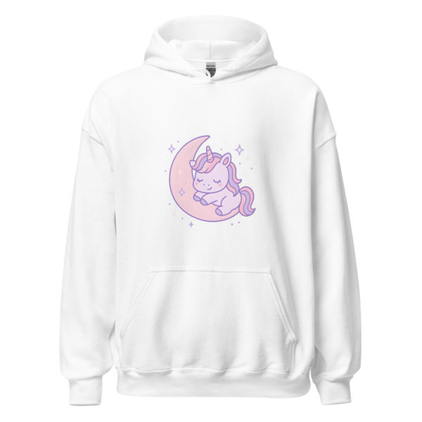 Front view of Pastel Unicorn white Hoodie featuring dreamy pastel unicorn print