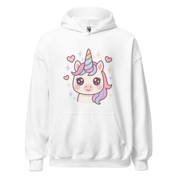 Front image of White Kawaii Unicorn Hoodie featuring a cute magical unicorn print