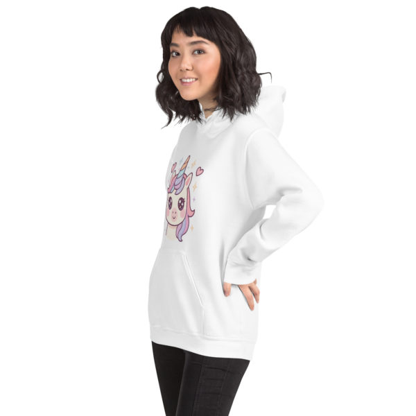 Side image of soft and cozy Kawaii Unicorn white Hoodie in pastel colors