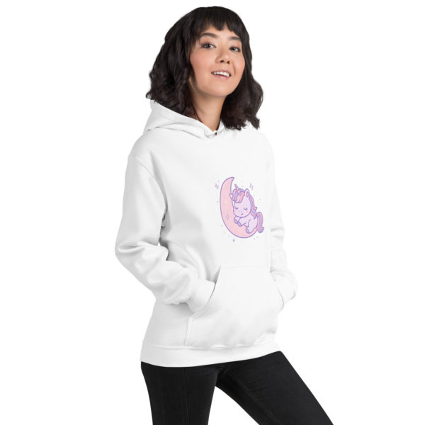 Model wearing light pink Unicorn Hoodie – Dreamy pastel unicorn design
