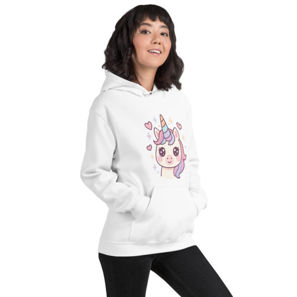 Front image of soft and cozy Kawaii Unicorn white Hoodie in pastel colors