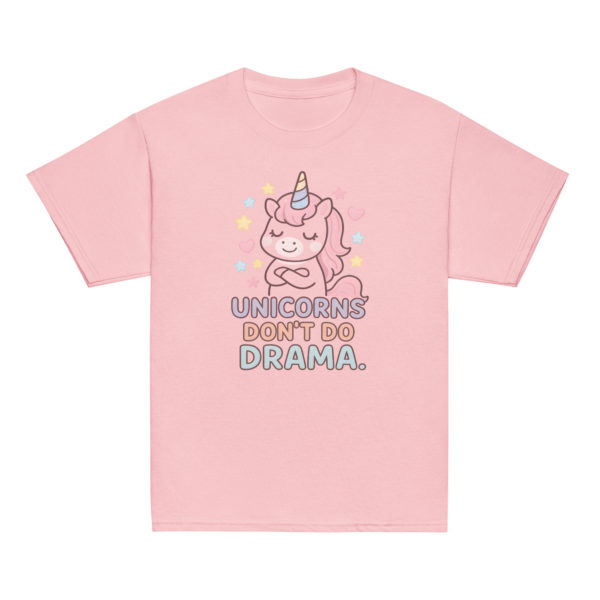 Girls' unicorn light pink t-shirt featuring "Unicorns don't do drama" phrase and a cute little unicorn graphic