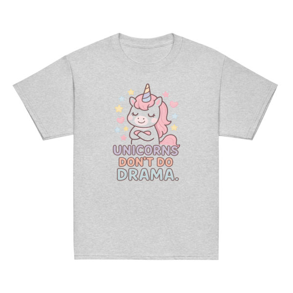 Girls' unicorn grey t-shirt featuring "Unicorns don't do drama" phrase and a cute little unicorn graphic