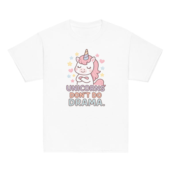 Girls' unicorn white t-shirt featuring "Unicorns don't do drama" phrase and a cute little unicorn graphic